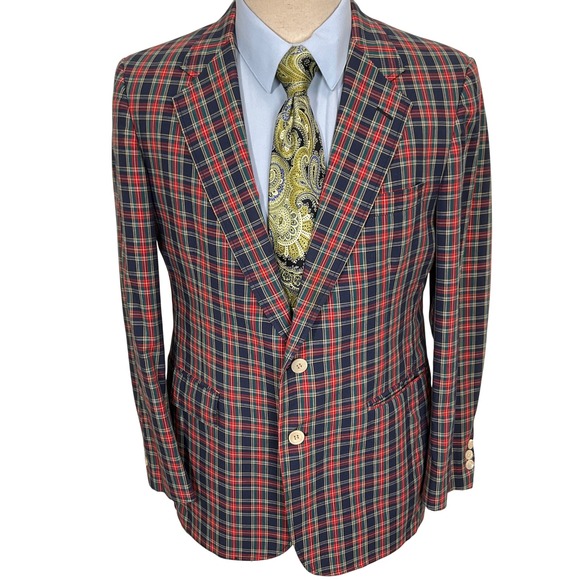CRICKETEER Bespoke Blazer Mens 42R Blue Red Plaid Preppy Holiday VTG Jacket